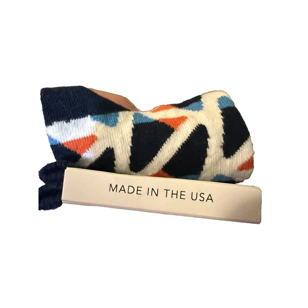 Social Climb Crew Socks Made in USA Blue White Orange Geometric Pattern NWT